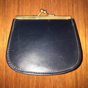 LEATHER Deep MIDNIGHT BLUE Expandable Coin Purse w/Brass Kiss Lock Sleek Hinges